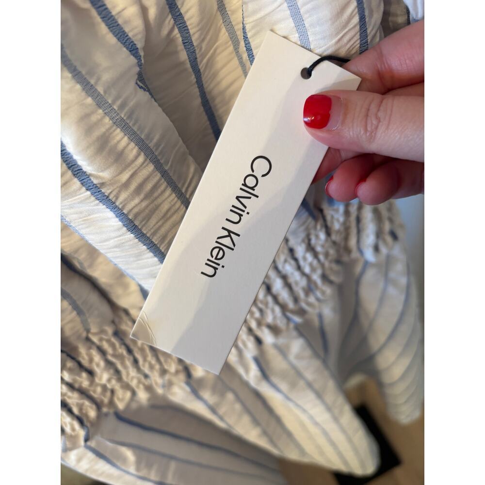 Calvin Klein Women's White Blue Striped Off-The-Shoulder Dress Size 14 - Picture 7 of 8